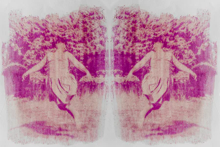 Imagen artística en tonos rosa y violeta que muestra dos figuras femeninas simétricas, de espaldas, frente a un fondo vegetal.